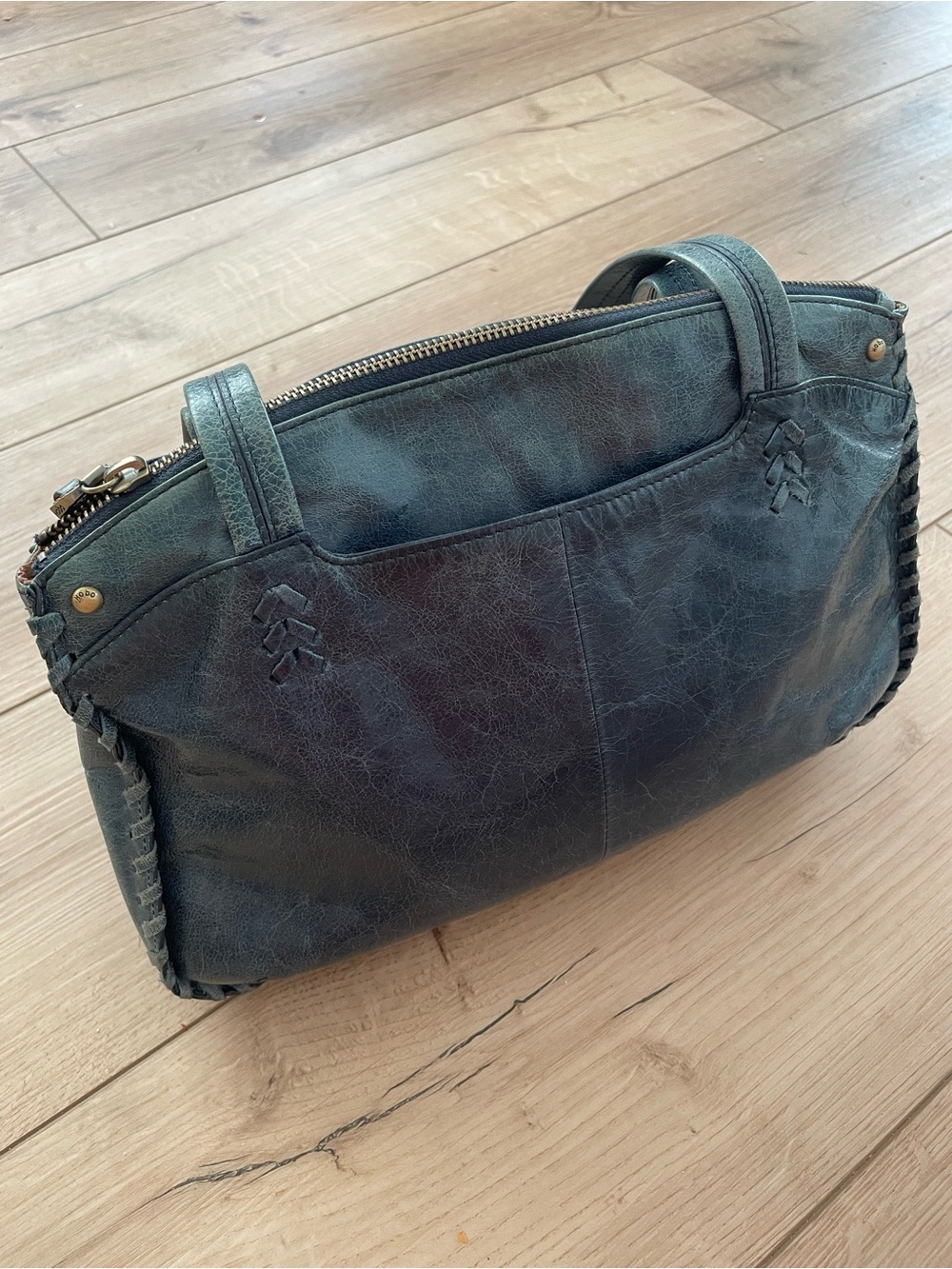 HOBO Distressed Teal Blue/Green Leather Whipstitch Chevron Shoulder Bag